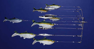 J&M Tackle rigs Tournament Cable dredges with Mannhaden teasers and Clark Number 5 spoons for a flashy presentation.