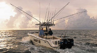 The 'rigger setup on the author's center console, Marc VI, allows him to troll a spread of eight baits or lures.